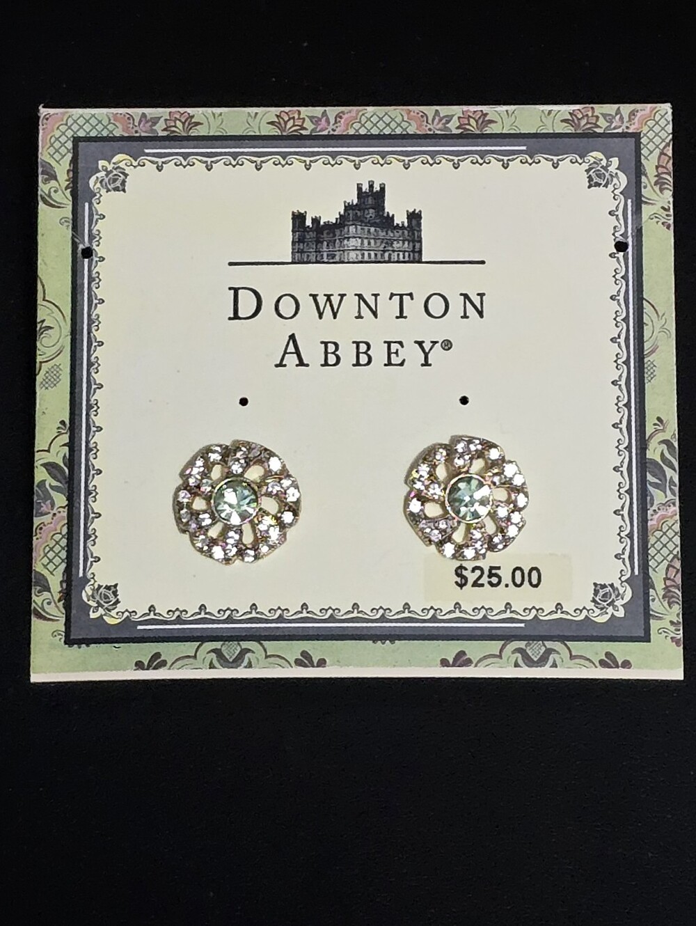 Downton Abbey Floral Stud Earrings w/ Central Light Green & Clear Crystals NWT